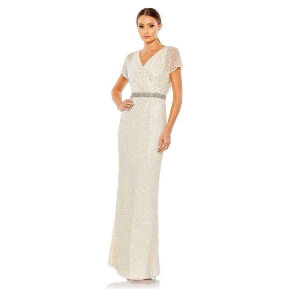 Mac Duggal NWT Beaded Butterfly Sleeve Column Gown in Nude Silver Sz 14 - Picture 1 of 12